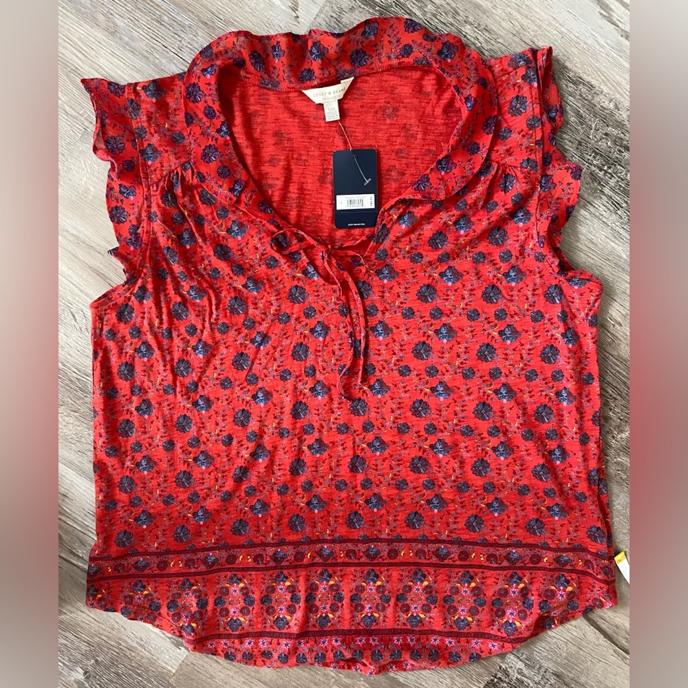 Lucky Brand Floral Peasant Boho Top/Shirt With  Flutter Sleeves Woman's Large